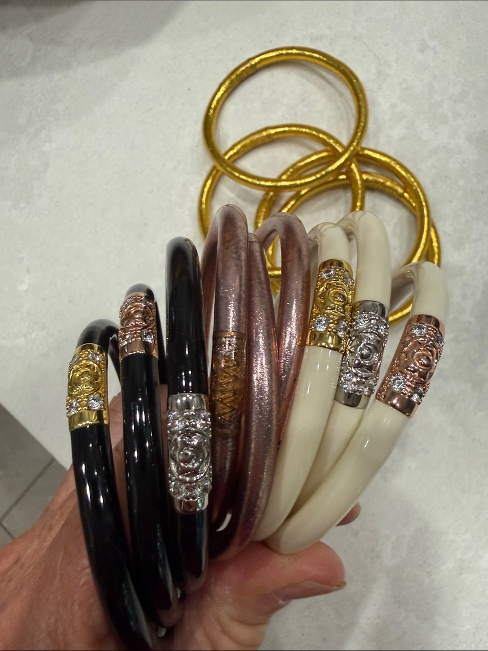 Budha girl Stackable Women’s Bangle Set - Gold, Black, Rose Gold, Cream - Picture 2 of 3